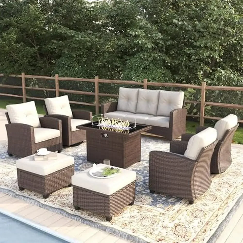 

Outdoor Rattan Swivel Chairs Set with Fire Pit Table 8 Piece Patio Furniture Kit