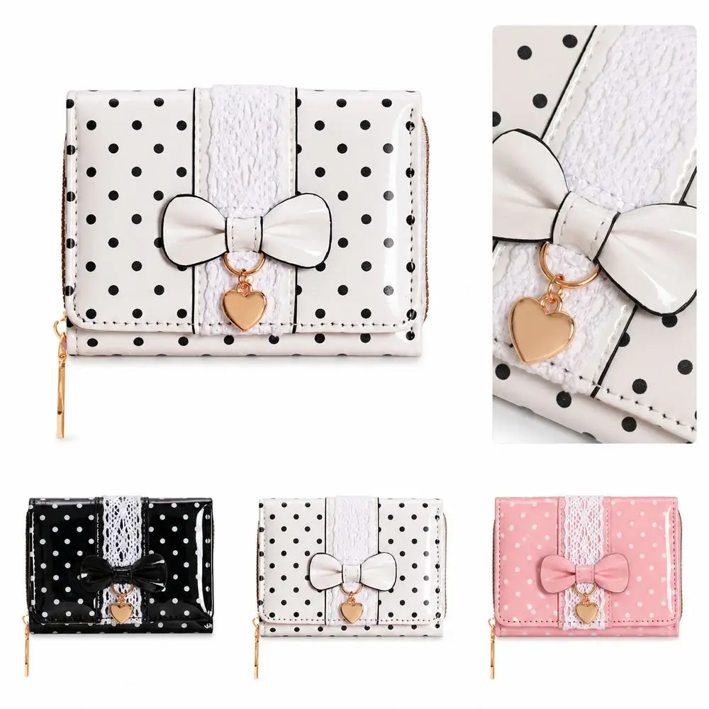 New PU Wallet Tri-Fold Wallet PU Glossy Finish Coin Purse Tri-Fold Structure Bow Decoration Money Purse Everyday Carry