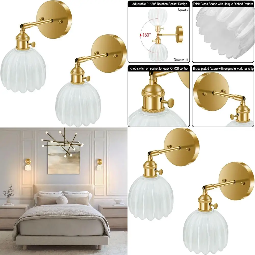 

Modern Brass & White Glass Wall Sconces with Tulip Shades, Knob Switch, 2-Pack for Home Decor