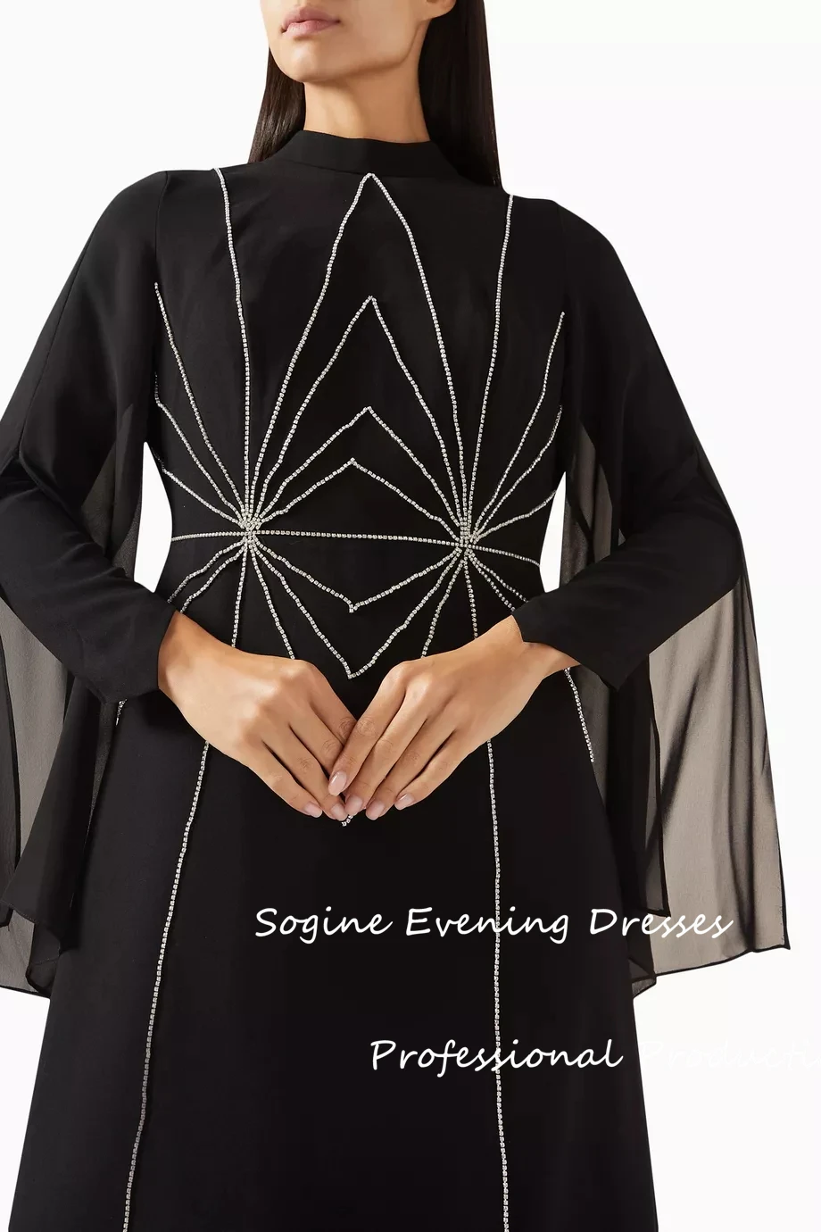 Abiti da ballo formali per donna Abito da sera in crêpe a trapezio con maniche in chiffon وعAbiti da festa decorati con cristalli