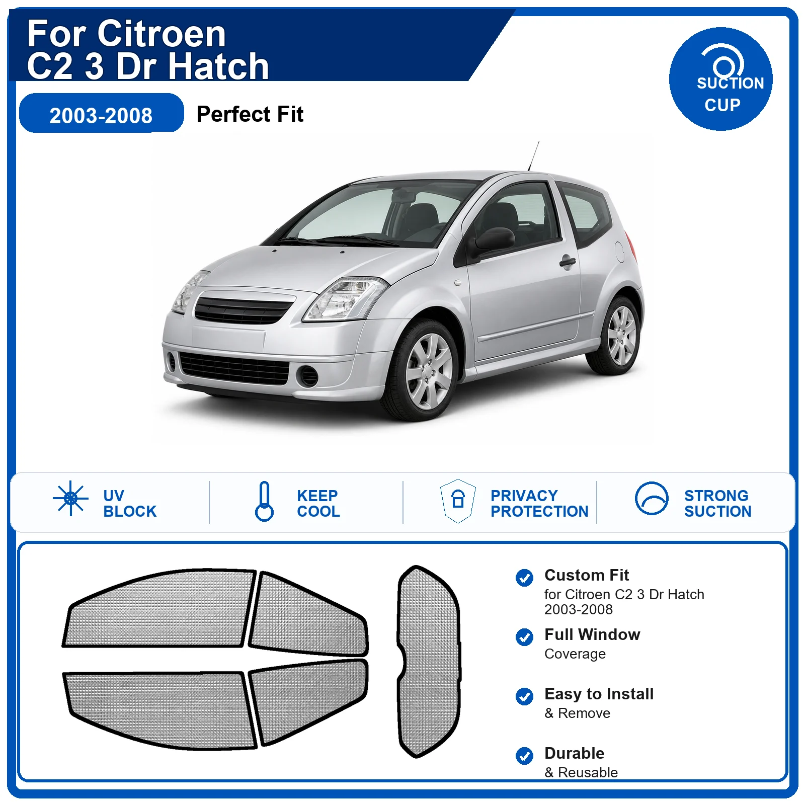 Для Citroen C2 3-дверный хэтчбек 2003-2008: Полный комплект солнцезащитных шторок на лобовое стекло из алюминиевой фольги, теплоизоляционные, с защитой от УФ-лучей, складные