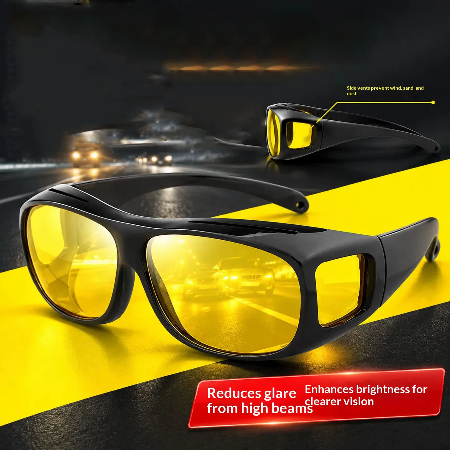 Night Driving Glasses Anti Glare Yellow Lens Night Vision Eyewear Windproof Dustproof Fit Over Glasses for Driving Night Use