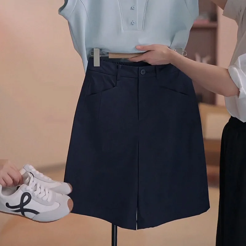 شورت بدلة بخمس نقاط للنساء صيفي رقيق وبسيط ومتعدد الاستخدامات بلون كاكي لباس خارجي على شكل حرف A سراويل غير رسمية #2