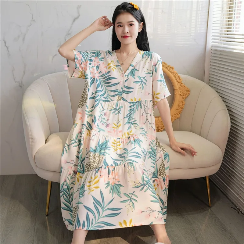 New Cotton Rayon Sleeping Dress Spring Summer Thin Outwear V-Neck Loose Large Size Long Dresses Home Wear Nightgowns Women