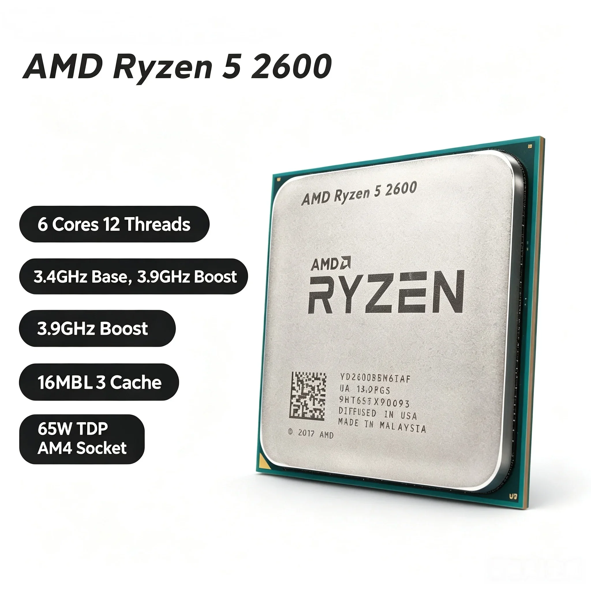 Ryzen 5 2600 AMD R5 2600 Gaming Desktop CPU 3.4GHz 16MB Cache No Integrated Graphics DDR4 Support Socket AM4 Processor