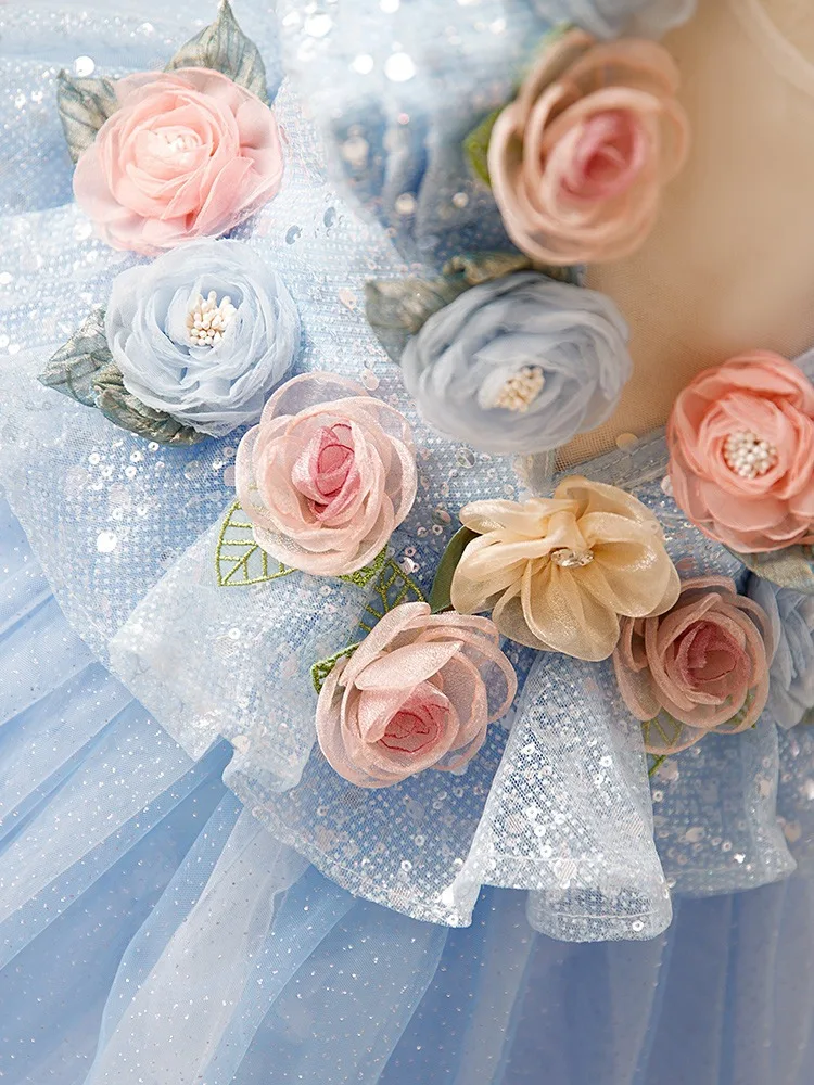 Fashion Ball Gown 3D Flowers Baby Flowers Girl Dresses Tulle Princess Children Wedding Birthday Prom Party Gowns