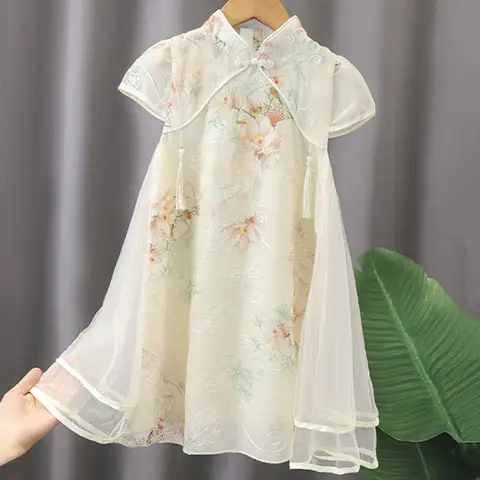 당나라 소녀 캐주얼 드레스 중국 어린이 옷 Cheongsam 수행 패션 소녀 Hanfu 드레스 여름 현대 Qipao 아기 Vestido