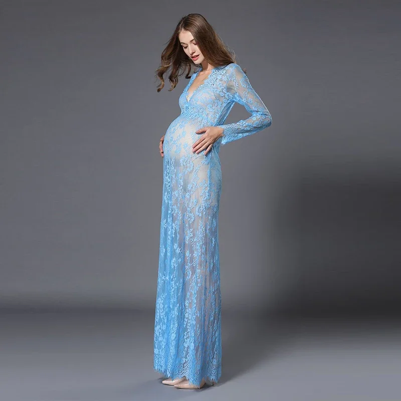 Maternity\'s White Lace Beach Pregnant Long Dress Women Photography Props Transparent Pregnancy Pajamas