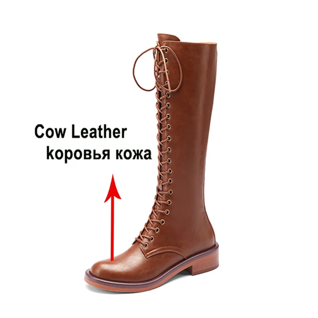 Meotina stivali alti al ginocchio in vera pelle da donna punta tonda piattaforma piatta cerniera stivali stringati scarpe da donna autunno inverno nero 42 AliExpress