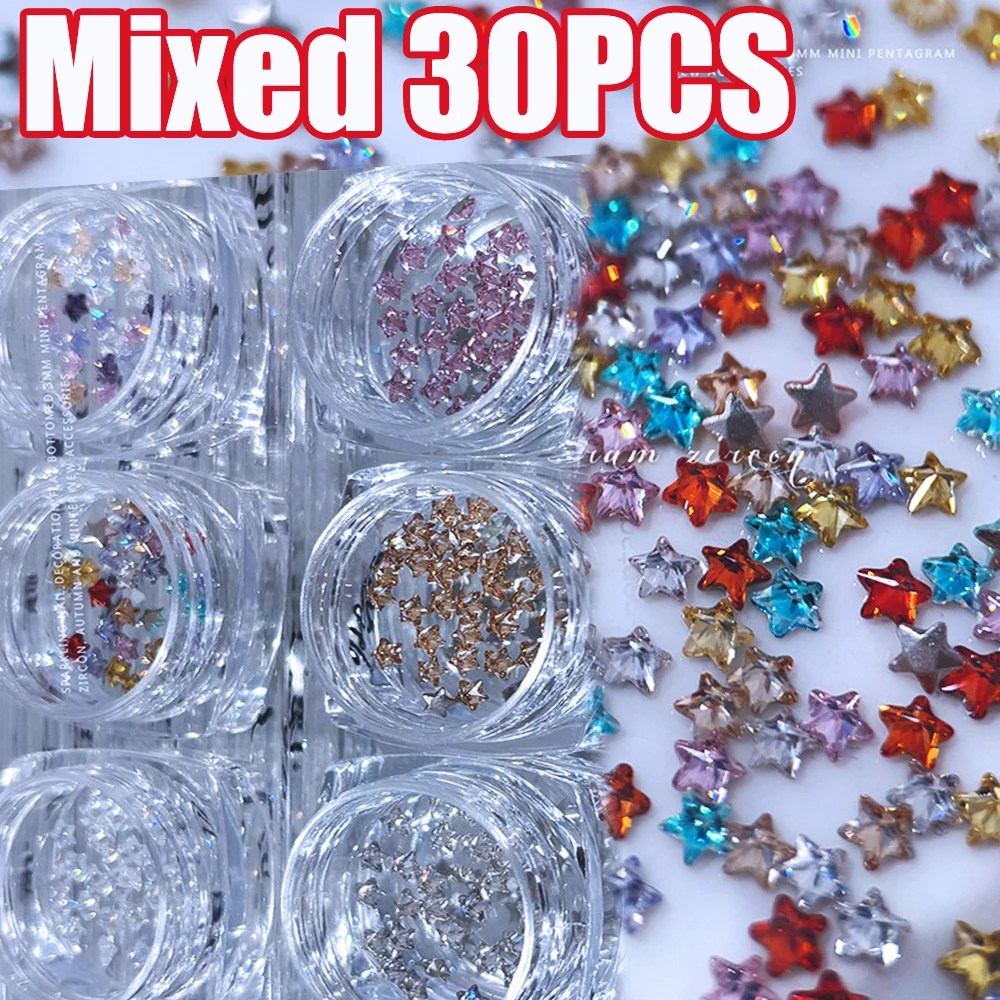 30Pcs/box Y2K Clear/Colorful Crystal Pentagram Nail Art Decor 3x3mm Five-Petal Star Nail Charms DIY Flat-Back Star Nail Parts