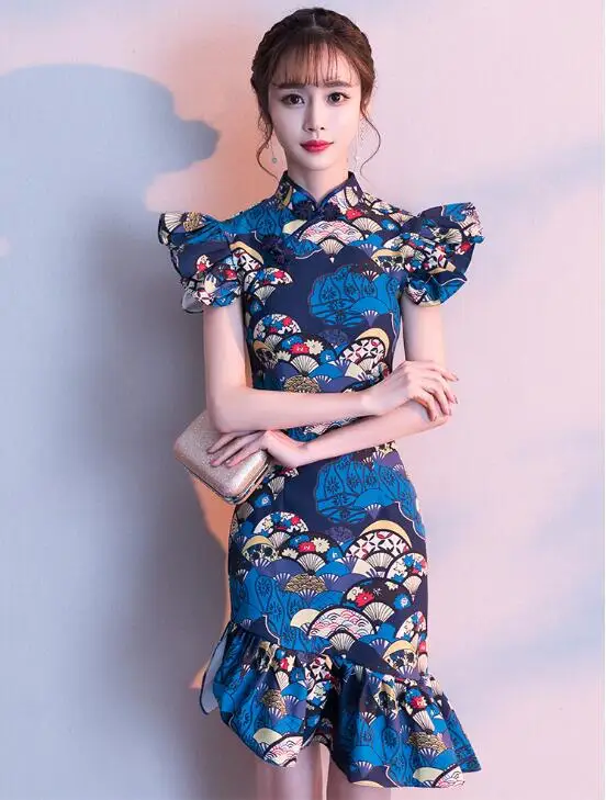 

Japanese Style Cheongsam Improve Ruffles Summer Women Dress Vintage Chipao Shanghai Blue