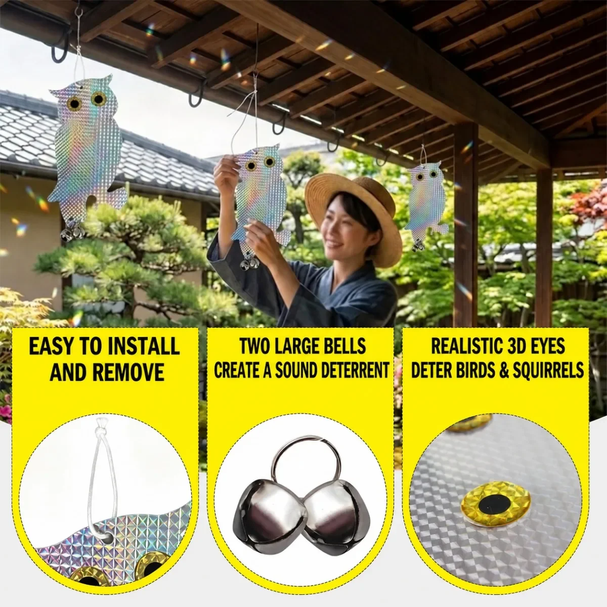 Reflective Owl Fake Hawk Hanging Bird Repellent Deterrent with Bell Wind Chime Outdoor Garden Decorative Ornament for Home Patio