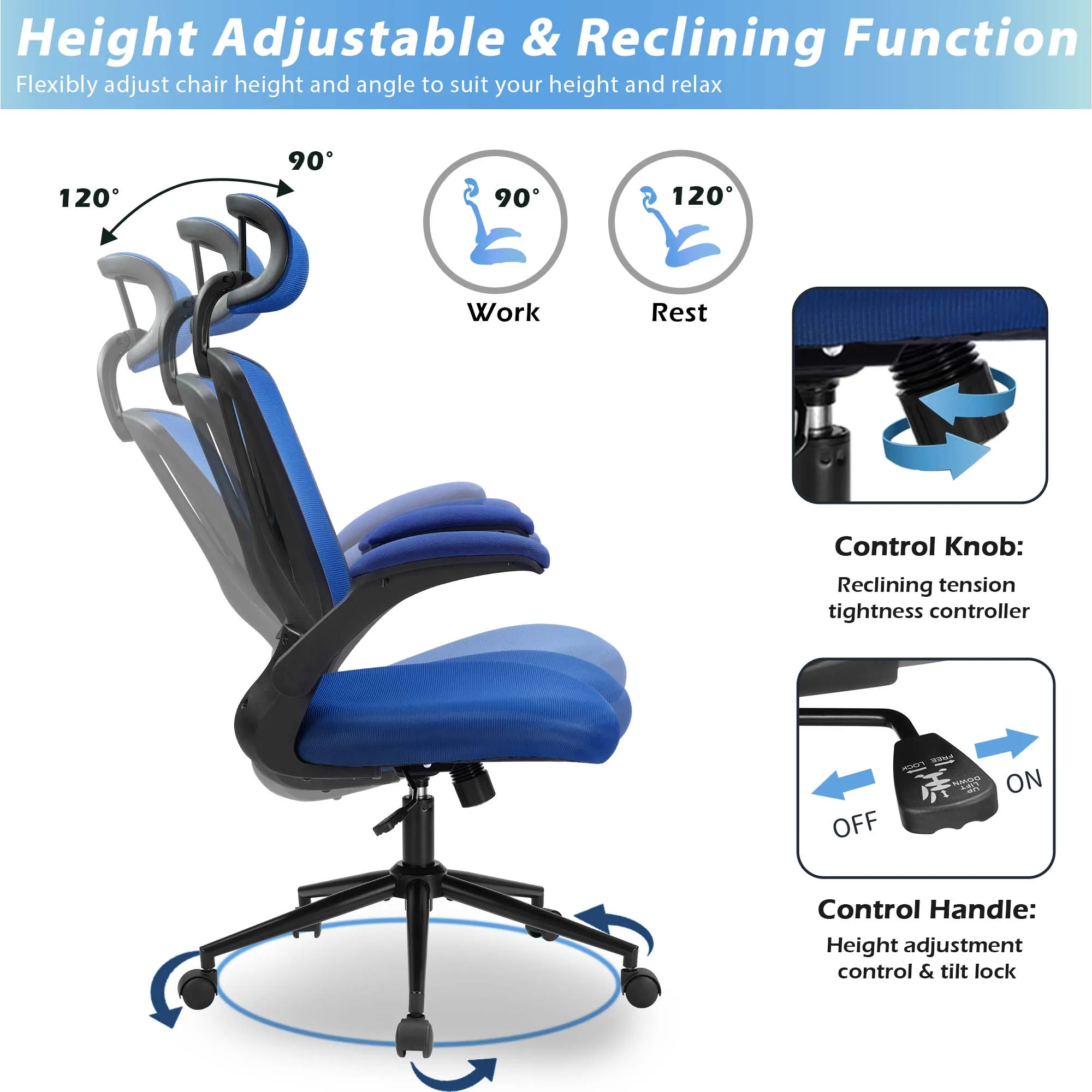 Cadeira ergonômica de escritório com malha ajustável, grande e alta, capacidade de 350Lbs, cadeiras de mesa para computador, encosto alto, apoio lombar, azul