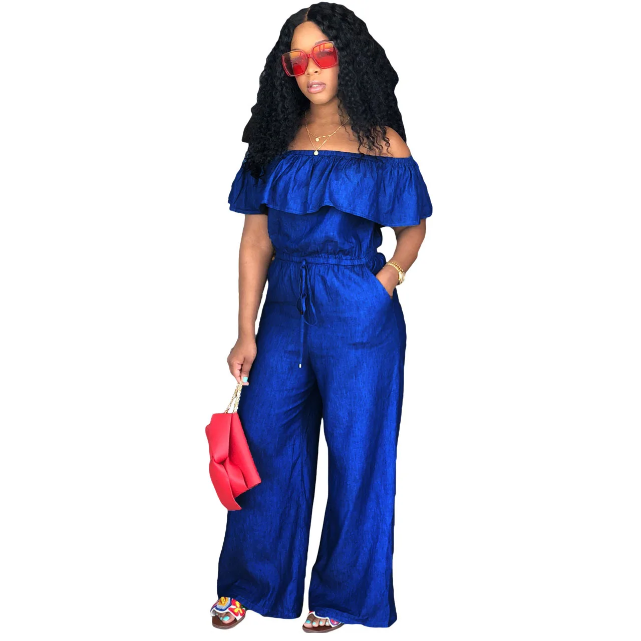 Solide schulter freie Jeans Overall Frauen einteiliges Outfit Sommer mode lose Kordel zug Hosen sexy weibliche Luxus Overalls