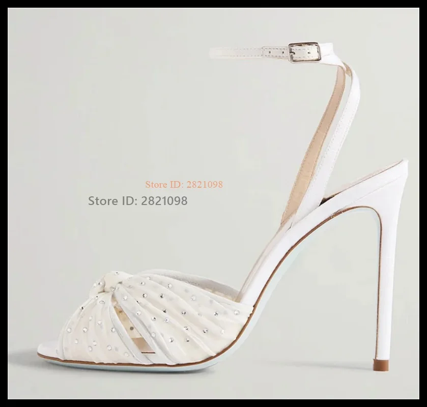 

White Mesh Peep Toe Crystal Embellished Bow Knots Sandals Ankle Strap Bridal Heels Women Round Toeline Thin High Heel Shoes