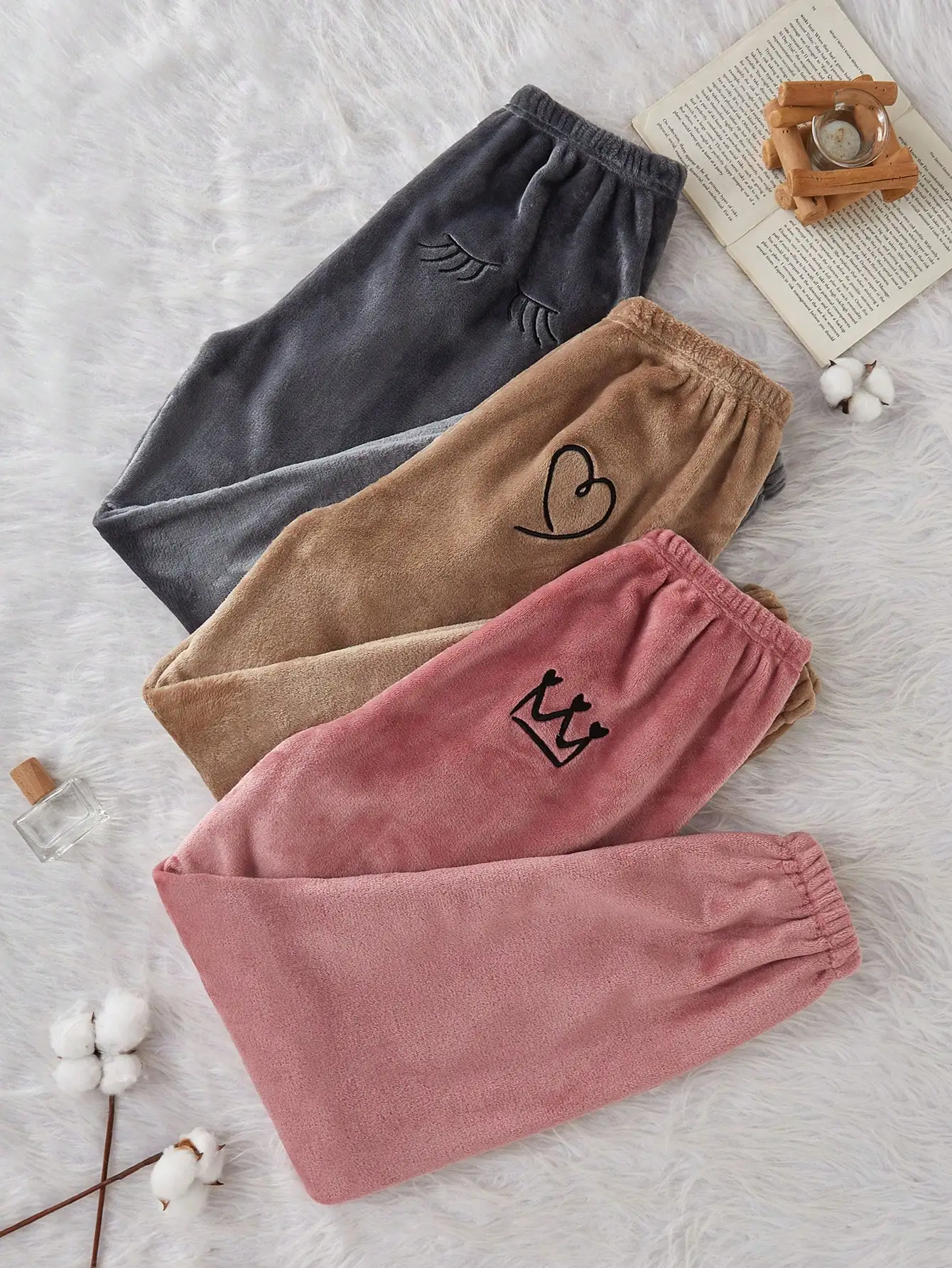 

3-Pack Soft Velvet Lounge Pants with Embroidered Motifs, Elastic Waist, Cozy Fall Winter Sleepwear