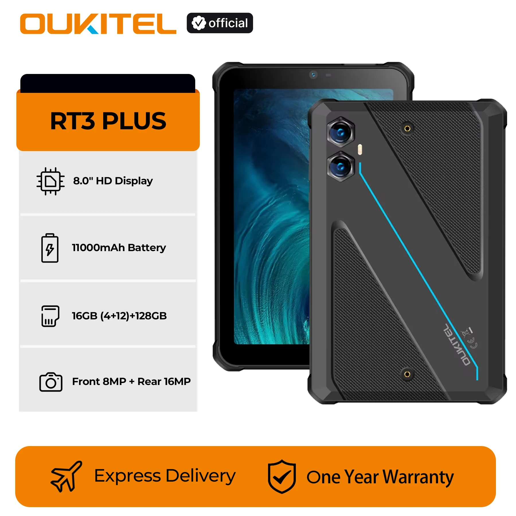 【العرض العالمي】Oukitel RT3 PLUS تابلت متين 8.0 بوصة HD Display11000 مللي أمبير بطارية 16 جيجابايت (4+12) + 128 جيجابايت أندرويد 15.0 16 ميجابكسل