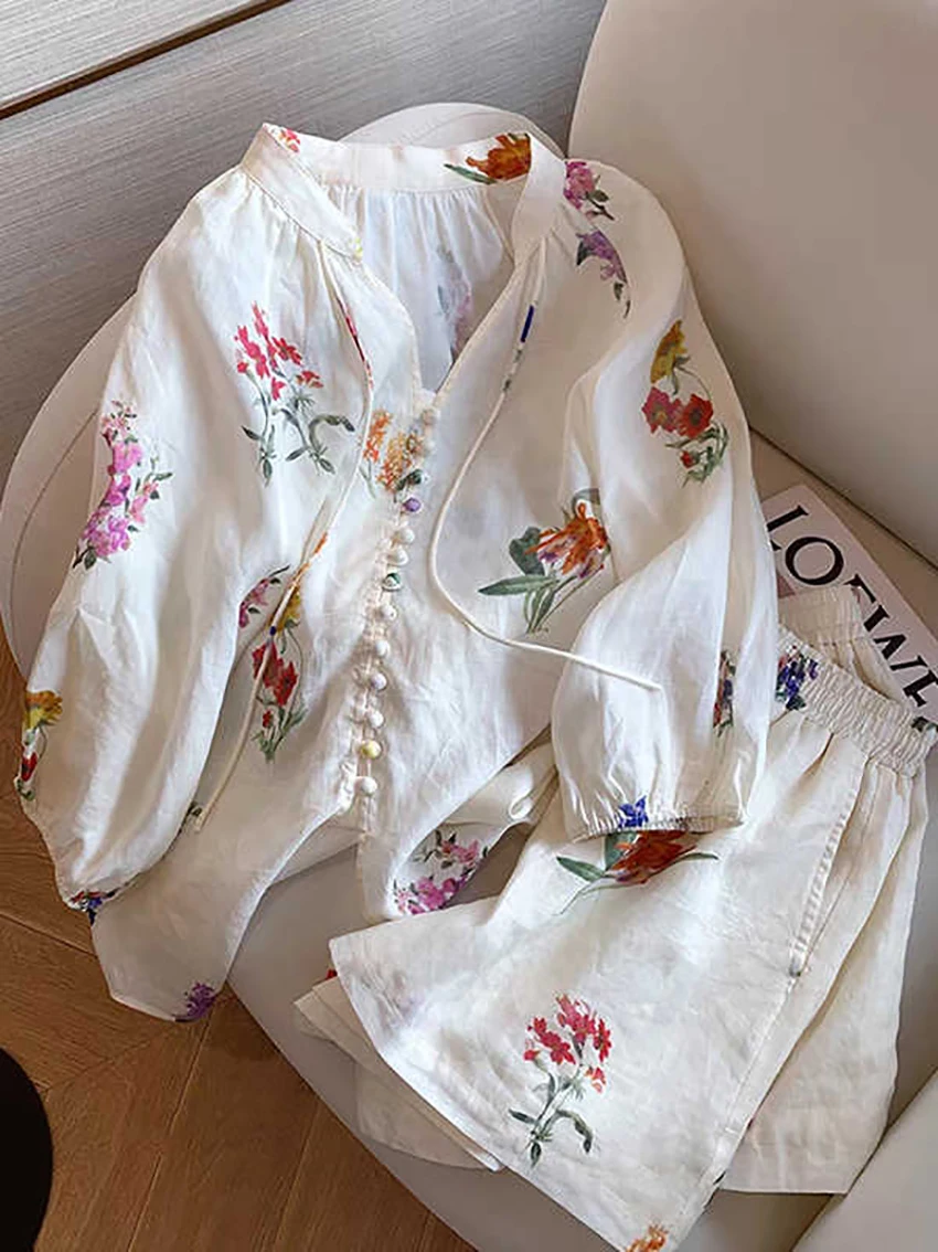 

Summer Women Printed Two-piece Set Casual Loose Lace-up V-neck Single Breasted Lantern Sleeve Shirt Shorts Female Fashion Suit