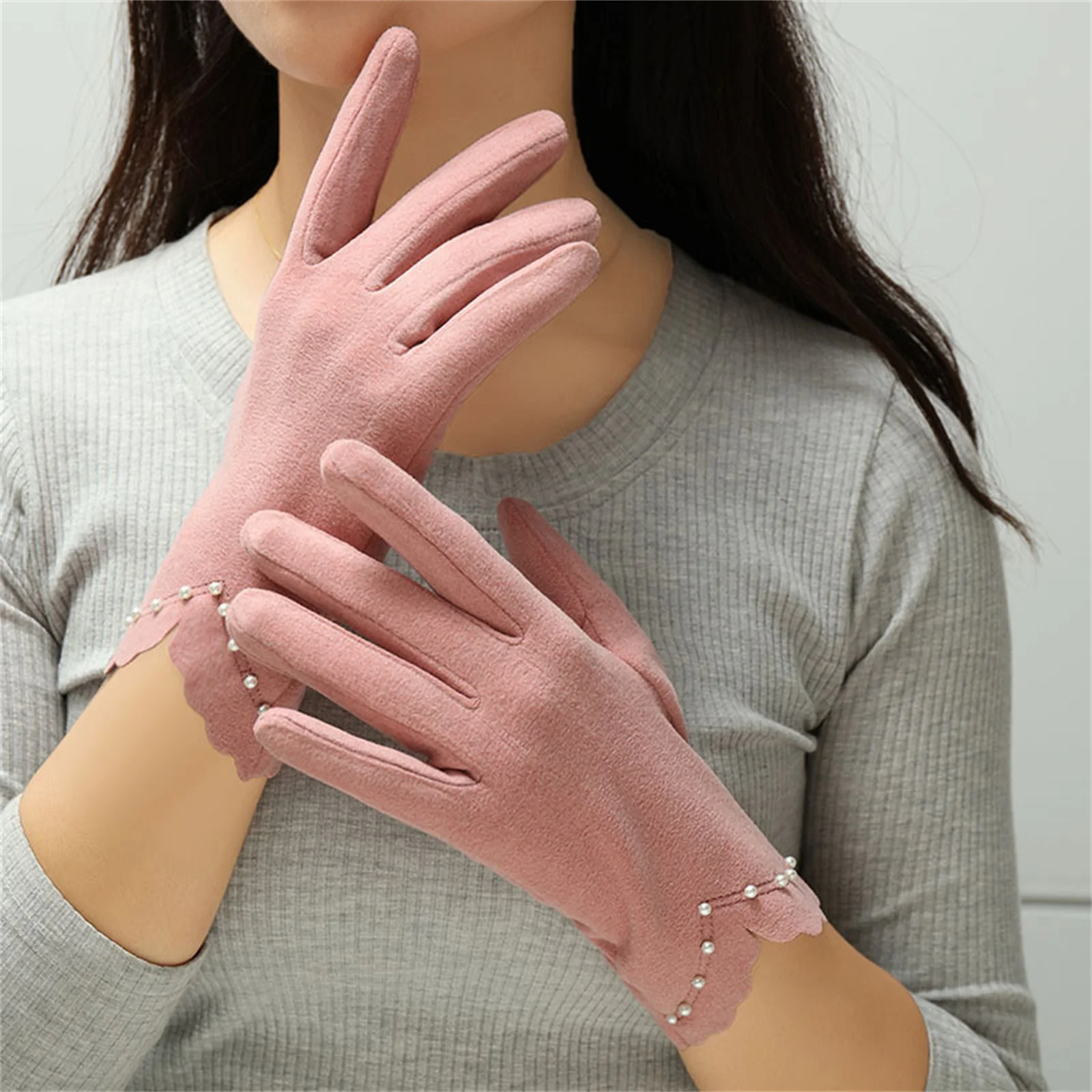 1 Pair Touchscreen Winter Gloves Elegant Women's Warm Thin Pearl Design Driving Cycling Outdoor Activities Durable Soft