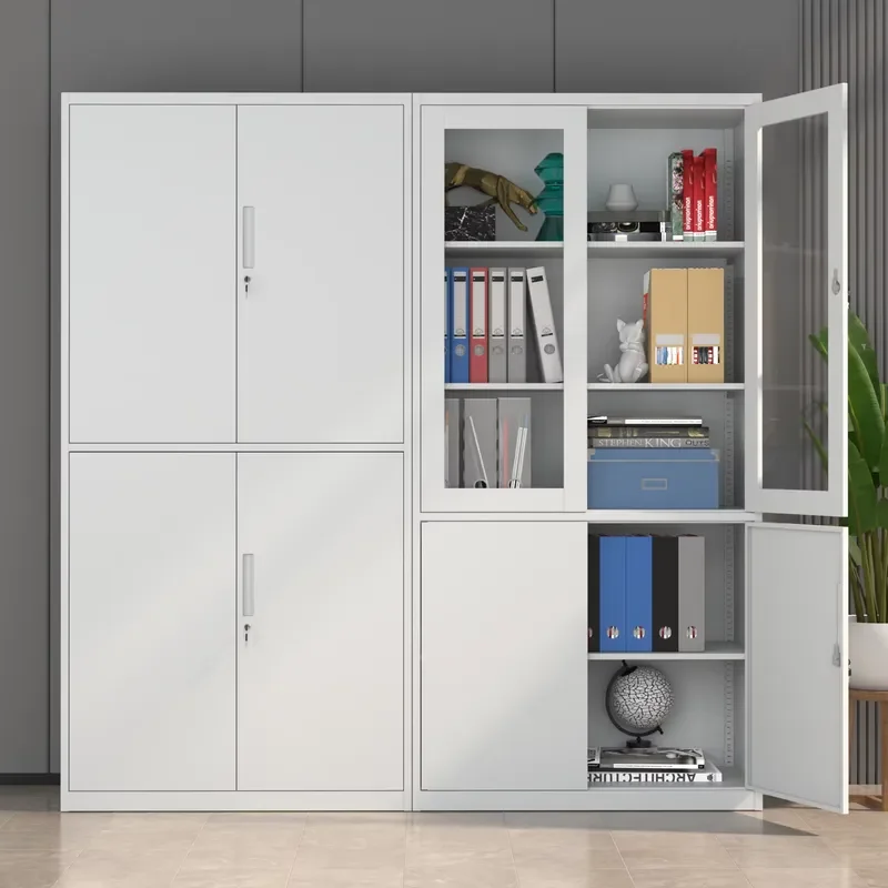 Modern Mobile File Cabinet - Knock Down Steel Office Furniture, 2 Glass/Metal Doors Lockable Storage with in Keys