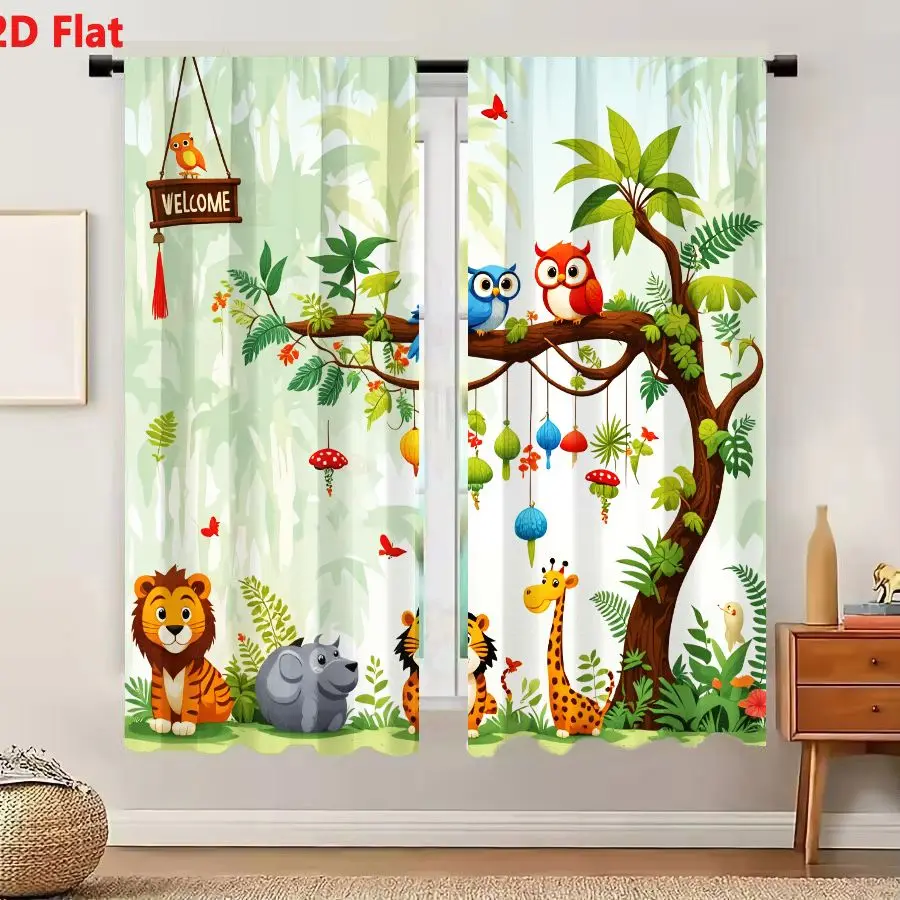 2Pcs Curtains 2D Flat Colorful Cartoon Jungle Scene With Friendly Lion Rhinoceros Tiger Cub Giraffe Owls Lanterns And Welcome Si