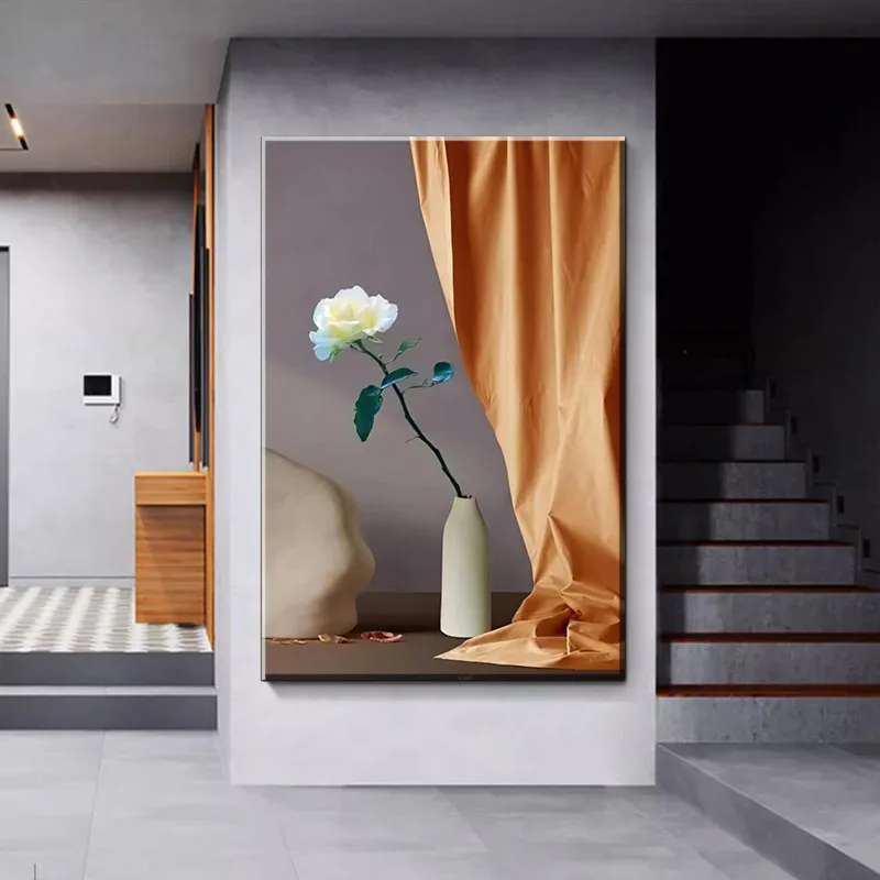 Elegant Floral Still Life Art Print - Soft Pastel Flower Vase Wall Decor for Living Room Bedroom, High-Quality Printed Poster, U