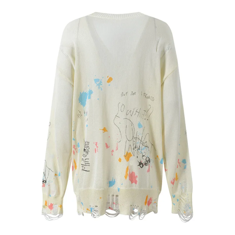 CHUJIE Cardigan da donna 2025 Primavera/Estate Nuova tendenza Cardigan lavorato a maglia con foro rotto stampato stile retrò pigro Street Graffiti