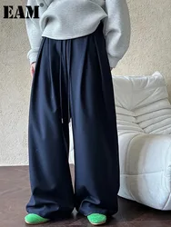 [EAM] High Elastic Waist Navy Blue Pleated Long Wide Leg Pants New Trousers Women Fashion Tide Spring Autumn 2024 1DH7201