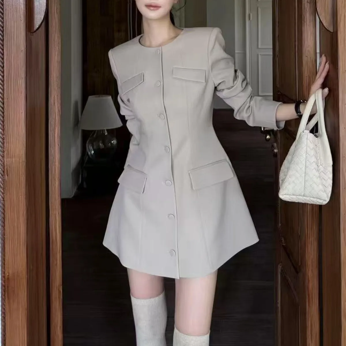 BJTZ O-hals Effen Kleur Single Breasted Blazer Jurken Voor Vrouw 2025, Lente Herfst Nieuwe A-lijn Taille Kantoor Dame Vrouwelijke Jas