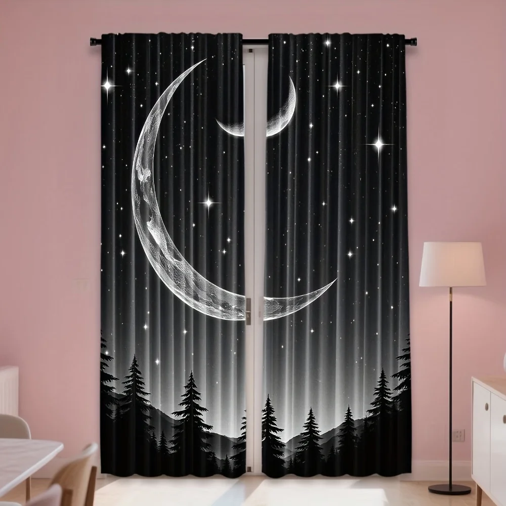 Crescent Moon Forest Curtain Panels, Silver Moon Starry Sky Pine Tree Nightscape Print Drapes for Mystic Bedroom Boho Living