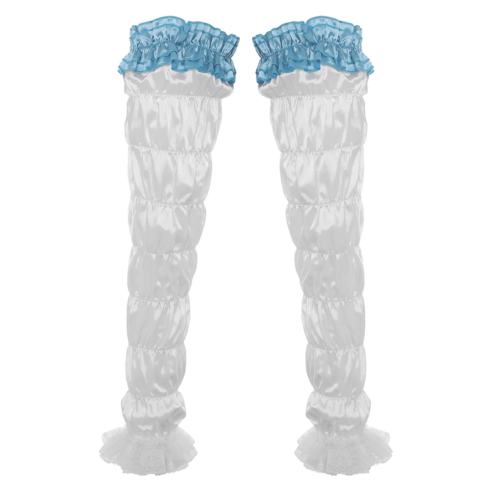 1 Pair Footless Stockings Color Blocking Satin Ruffled Floral Lace Trim Long Socks Mens Sissy Drag Queen Leg Warmers Lolita