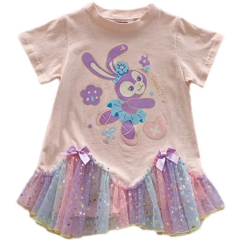 Disney Girls\' Summer Wear Lovely Cute Gauze Dress Cartoon Rabbit Bow Round Collar Short Sleeves Princess Skirt Little Kids