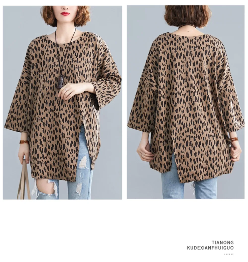 Plus Jeden rozmiar Gruby Mm Leopard Pattern Top Damski Jesienny Nowy Luźny Długi Rękaw Średniej Długości Dzielony Dół T-shirt plus size