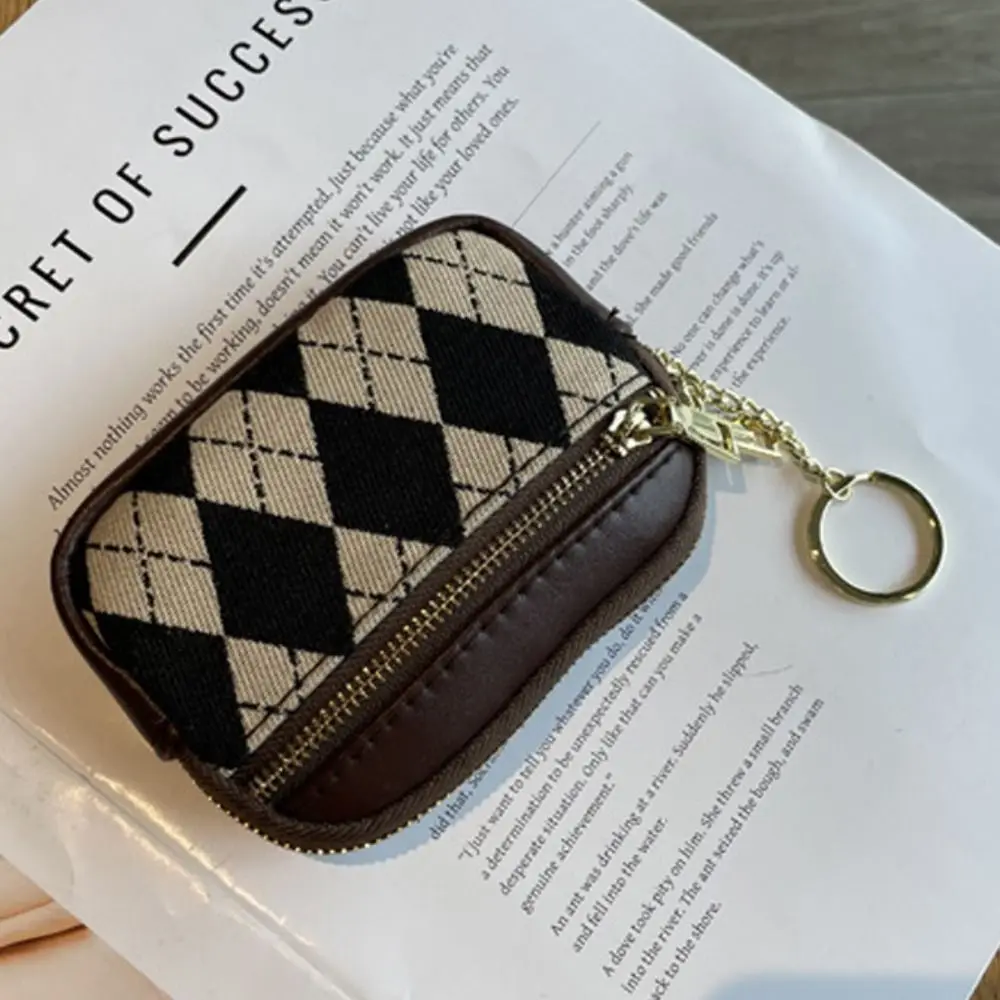 Portable Three Layers Rhombus Plaid Wallet Mini Zipper Coin Purse, estilo coreano, fone de ouvido, Small Item Bag for Men, cor sólida