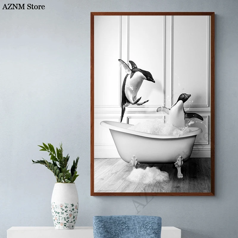 Póster de animales en la bañera, tigre, jirafa, elefante, pingüino, pintura en lienzo, imagen artística de pared, decoración del hogar para habitación de niños
