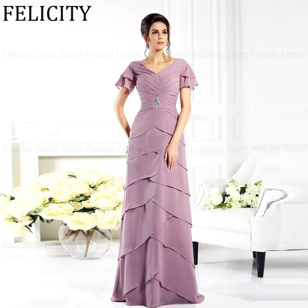 

Elegant Mother of the Bride Dresses 2024 A-Line V-Neck Wedding Guest Dresses Floor-Length Chiffon Pleated Beading Evening Gowns