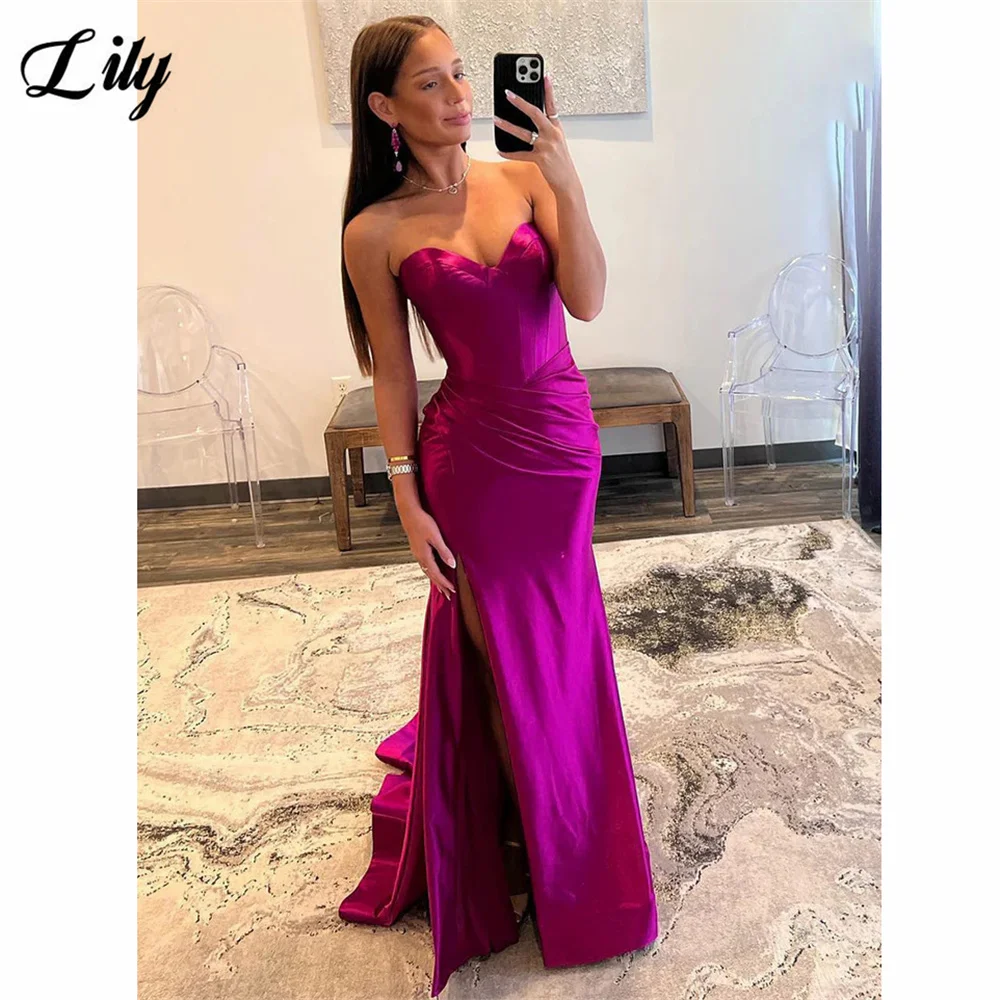 Lily Fuchsia Evening Dress Sweetheart Mermaid Prom Dress With Pleat Satin Sleeveless Party Dress Sexy Side Split فستان سهرة