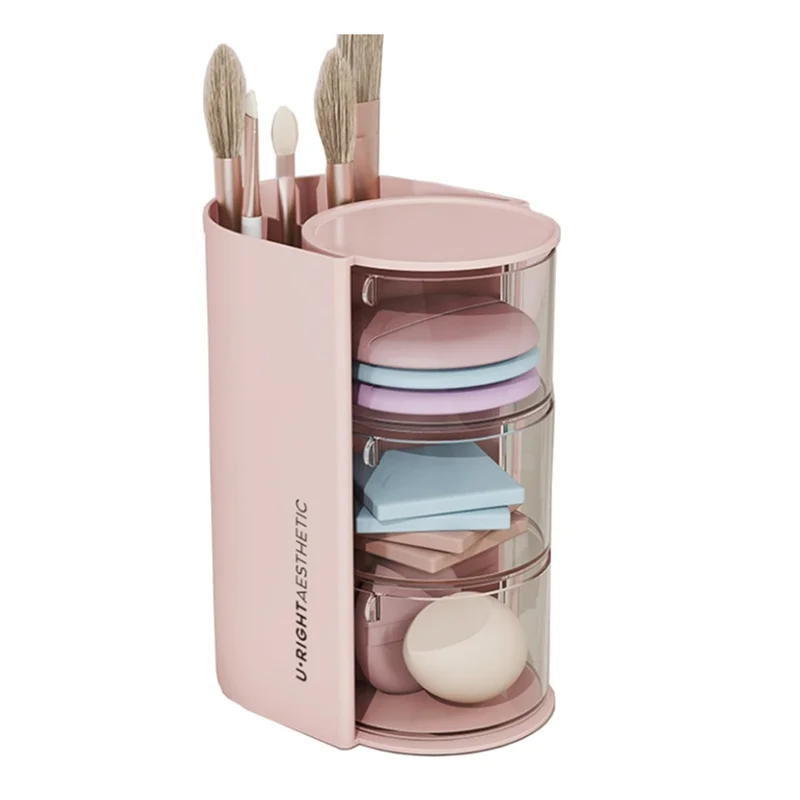 

AB09-Makeup Brush Holder Makeup Brush Organizer With 2 Slot, 3-Layer Rotating Cosmetic Organizer, Desktop Makeup Box Durable , P