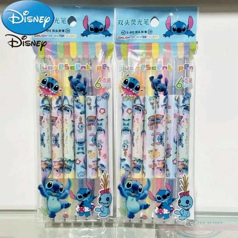 6pcs/12pcs Disney Cartoon Stitch Double-ended Highlighter Set Student Diary Marker Painting DIY Kids Toy Birthday Gift Stich