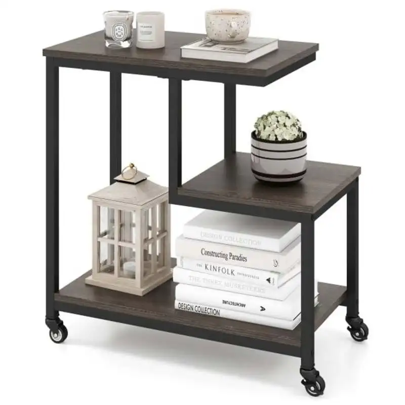 G Shaped Mobile End Table with Open Shelves