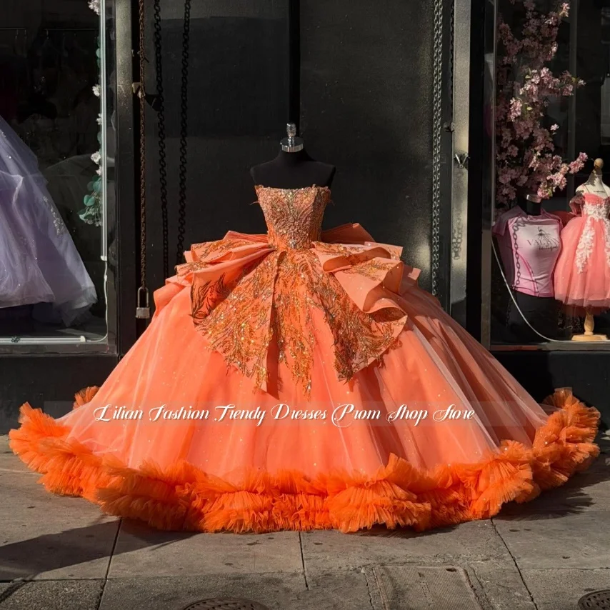 Magnífico Vestido de Quinceañera Naranja sin Tirantes con Pedrería, Vestido de Gala Personalizado con Gran Cola de Lazo, Vestidos de 15 Años para Cumpleaños