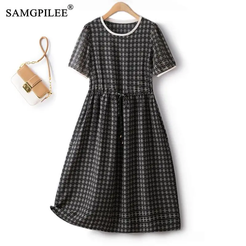 

Elegant And Pretty Women's Dresses 2023 Summer Slim European Print Drawstring Waist Thin Chiffon Over The Knee Woman Dress 4XL