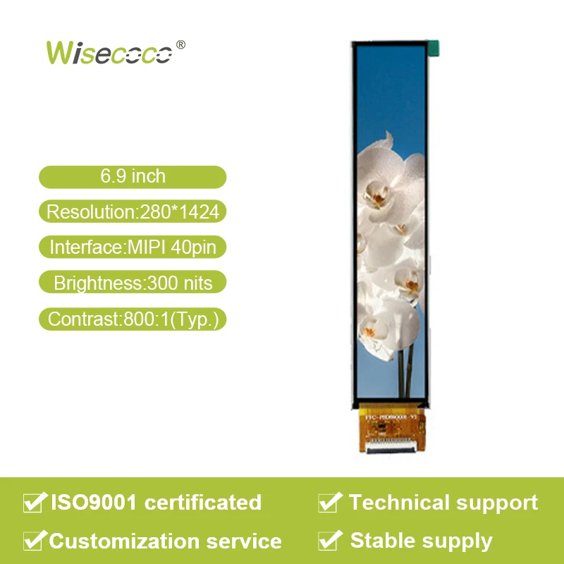 Wisecoco Stretch Lcd Display 6.9 Inch 280*1424 MIPI 40Pins 300Nits Stretched Bar Lcd Module For Beauty Equipment