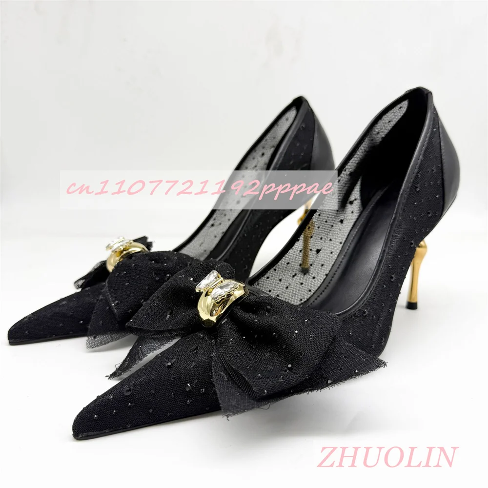 

Black Crystal Bow Slip On High Heels Women'S Sexy Lace Breathable Pumps Elegant Alien Heels Party Dress Shoes 10cm Zapatos Mujer