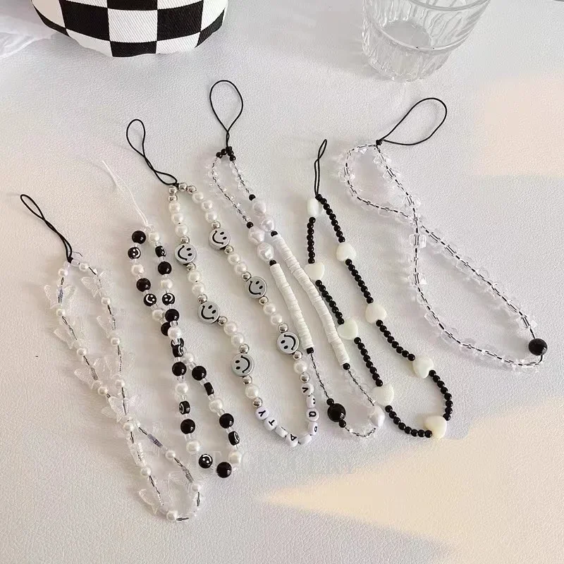 

Trendy Multifunction Mobile Phone Chain Handmade Strap Lanyard Cute Bead Smile Butterfly Anti-lost Cellphone Case Rope For Women