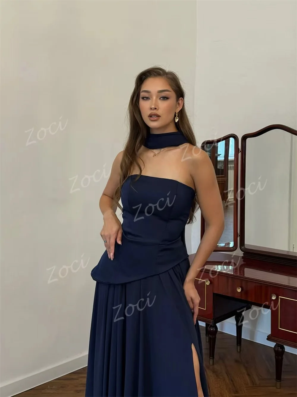 Zoci Navy Blue Chiffon Satin Long Prom Dresses Wrap Customized High Slit Evening Dress Women Formal Party Occasion Gown