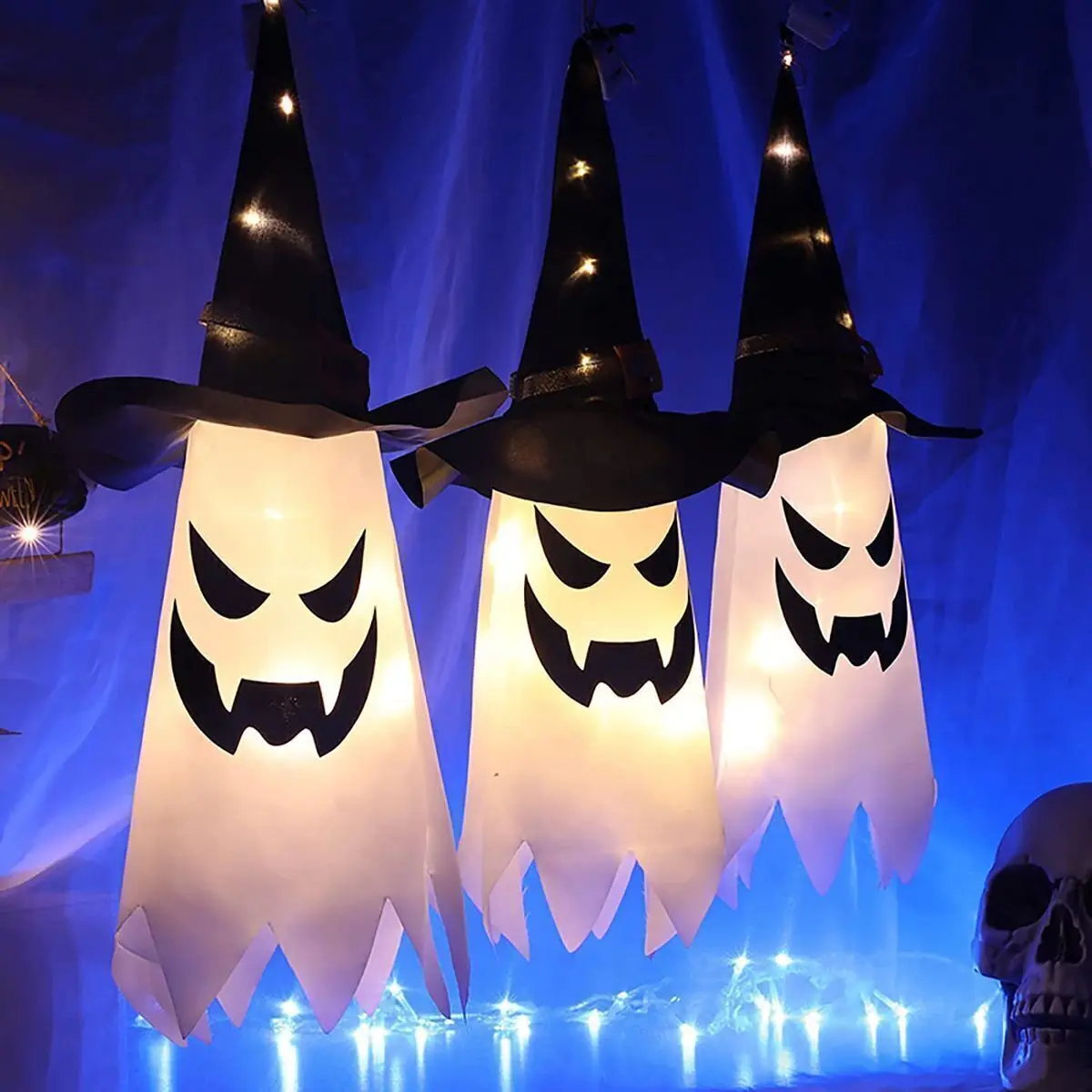 

2024 Halloween Flashing Light Hanging Ghost Halloween Party Dress Up Glowing Wizard Hat Lamp Horror Props Home Bar Decoration