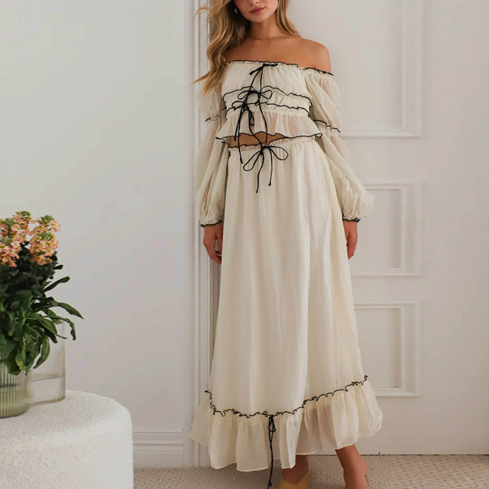 Women Fall Skirts Outfits Patchwork Trim Tie-Up Front Long Sleeve Off Shoulder Tops Elastic Waist Skirts 2 Pieces Clothes Set