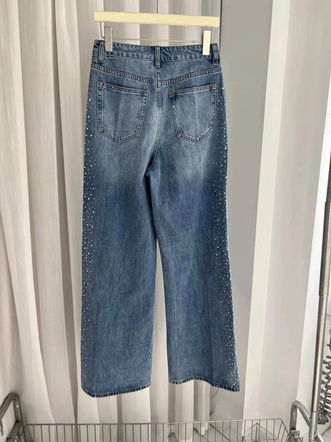 Jean droit à perles lourdes pour femmes, pantalon en Denim décontracté à jambes larges, taille haute, automne