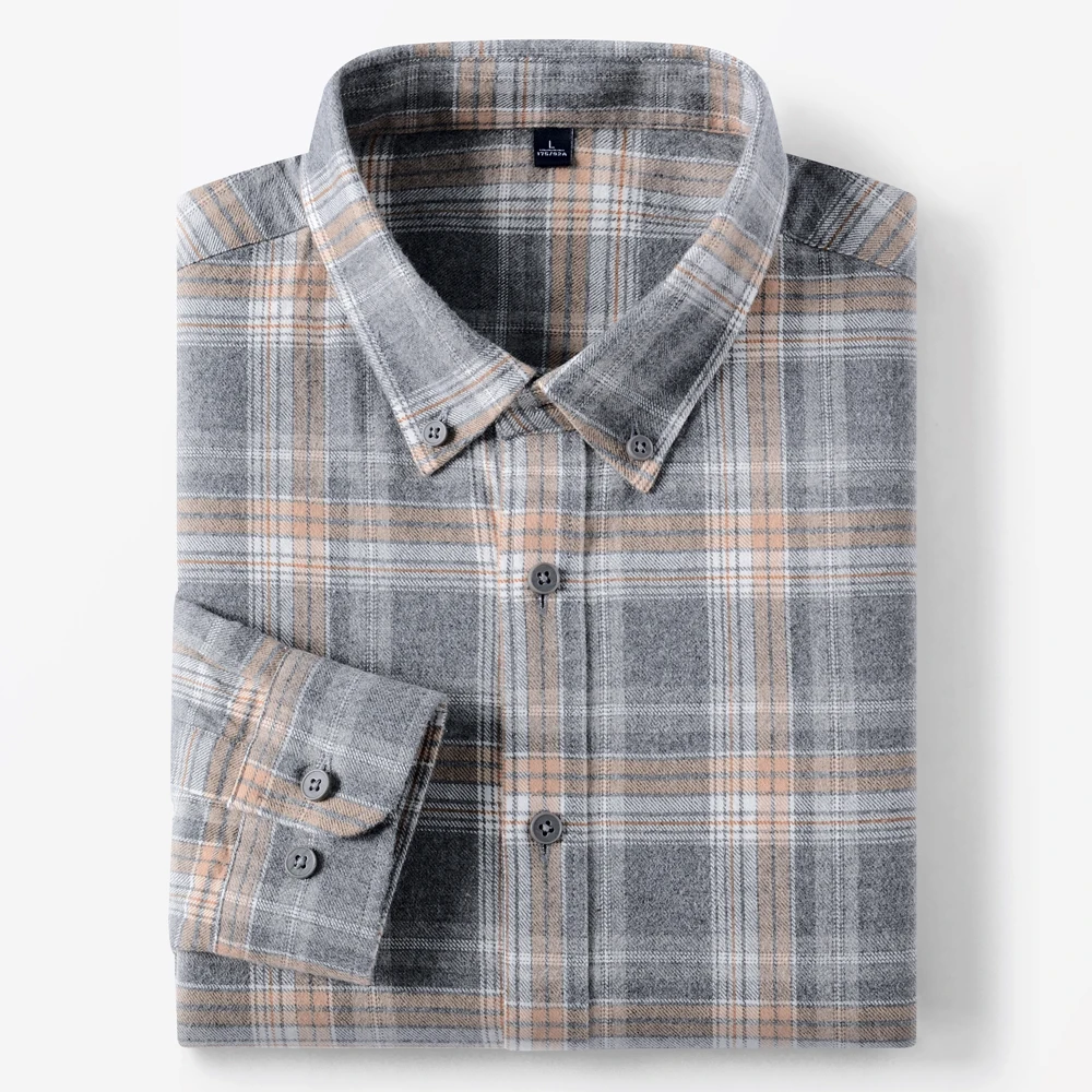 

Мужская фланелевая рубашка среднего размера, клетчатые рубашки на пуговицах с длинными рукавами, повседневная рабочая рубашка обычного кроя, мягкая мужская одежда из чистого хлопка